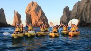 Kayakers in front of the the Arch early morning at Cabo Bay